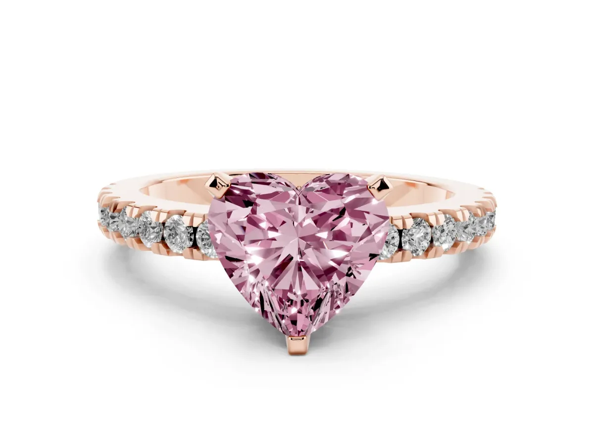 Fancy Pink Heart Cut Solitaire Diamond with Pavé Band and Four-Prong Setting Rose gold