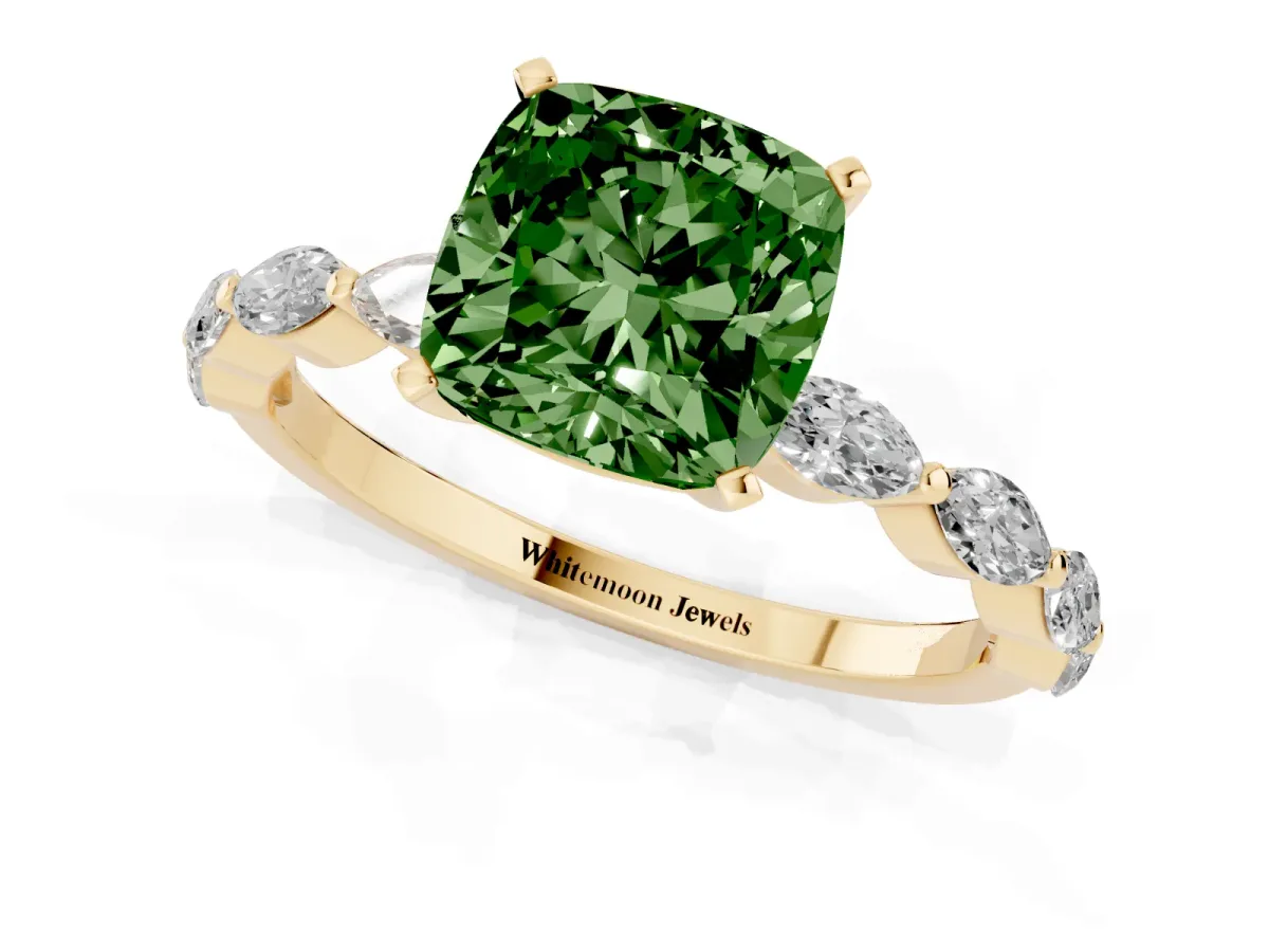 Fancy Green Cushion Cut Diamond Ring with Marquise Side Stones and Prong Setting Yellow gold