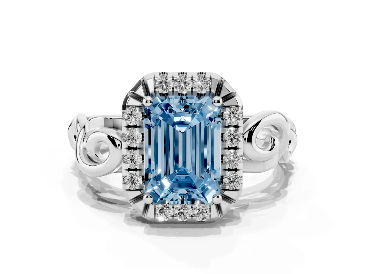 Fancy Blue Emerald Cut Cut Halo Diamond Ring with Scrollwork Band and Four-Prong Setting Silver
