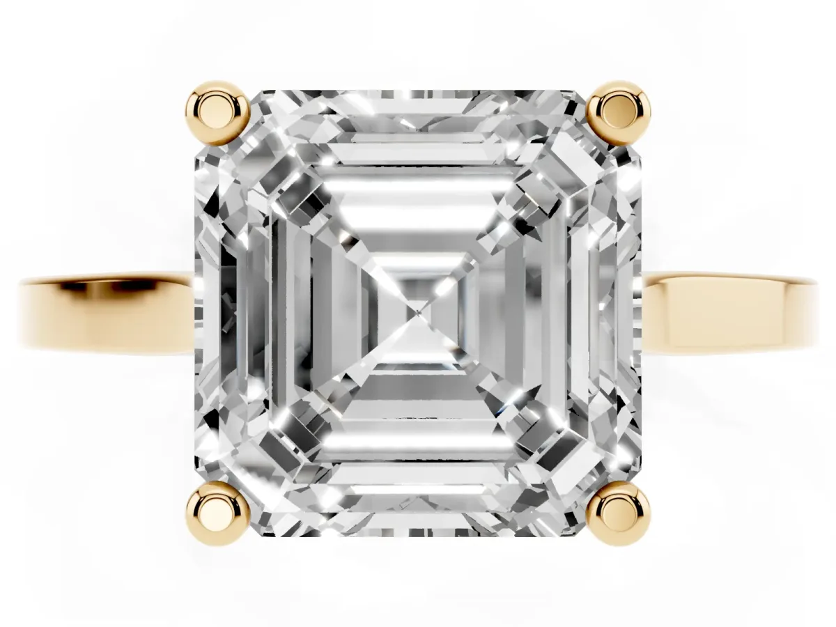 Asscher Cut Solitaire Diamond Ring with Four-Prong Setting and Tapered Band Yellow gold