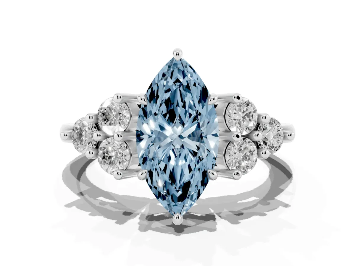 Fancy Blue Marquise Cut Brilliant Diamond Cluster Accent Solitaire Ring with Prong Setting Platinum