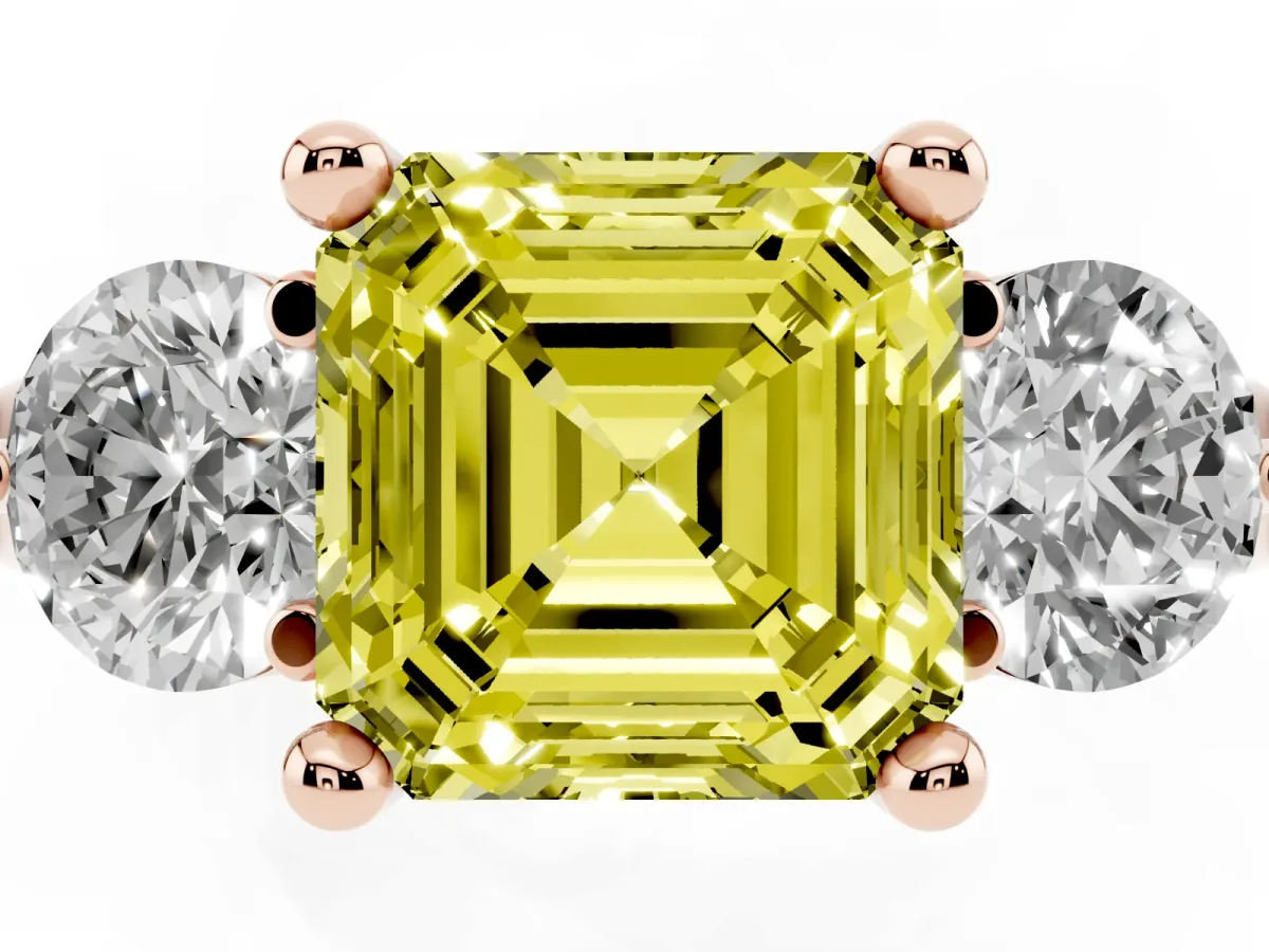 Fancy Yellow Three-Stone Asscher Cut Brilliant Cut Solitaire Ring with Prong Setting on a Classic Band Rose gold