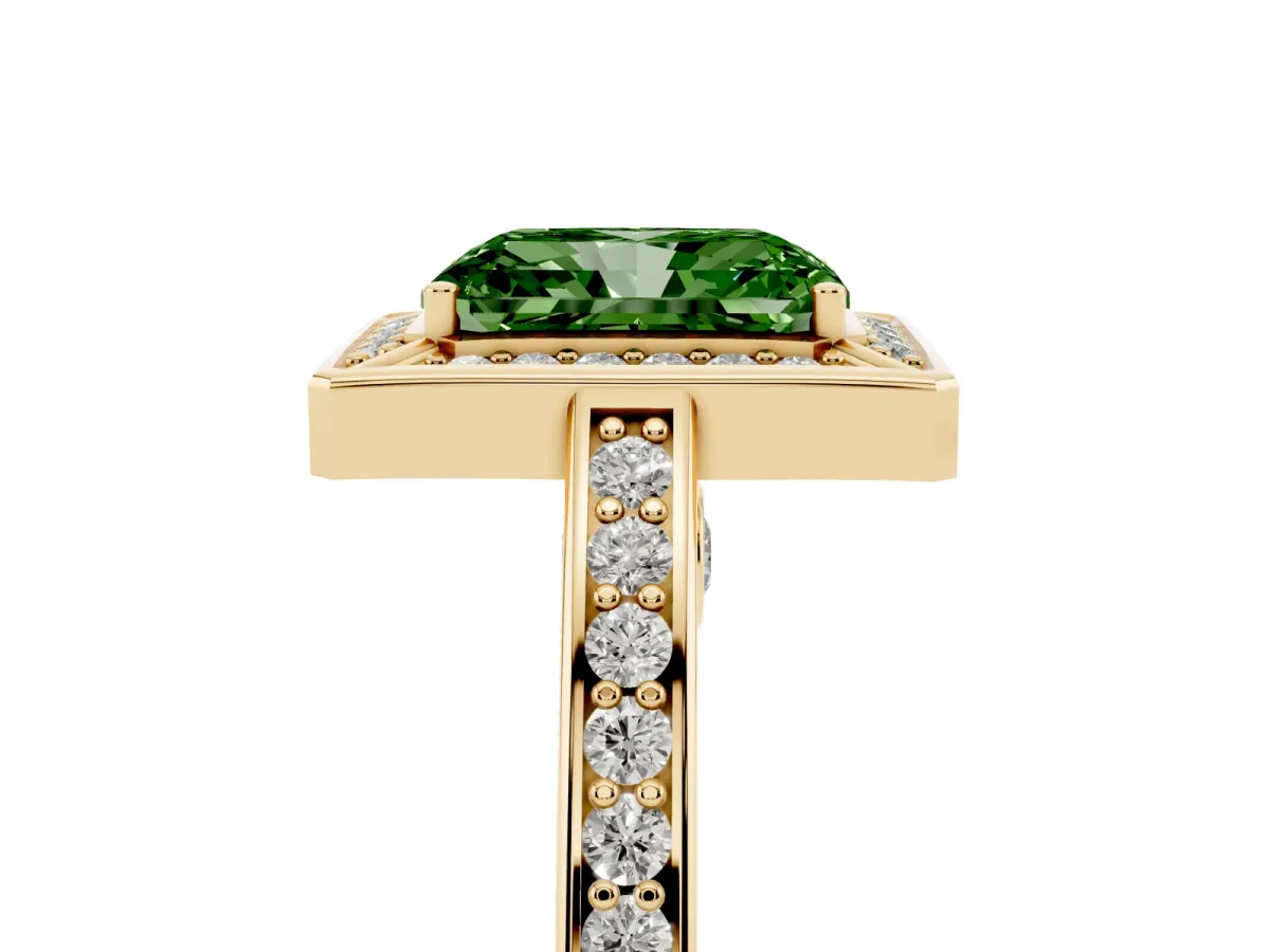 Fancy Green Radiant Cut Cut Halo Pave Split Shank Prong Setting Ring Yellow gold