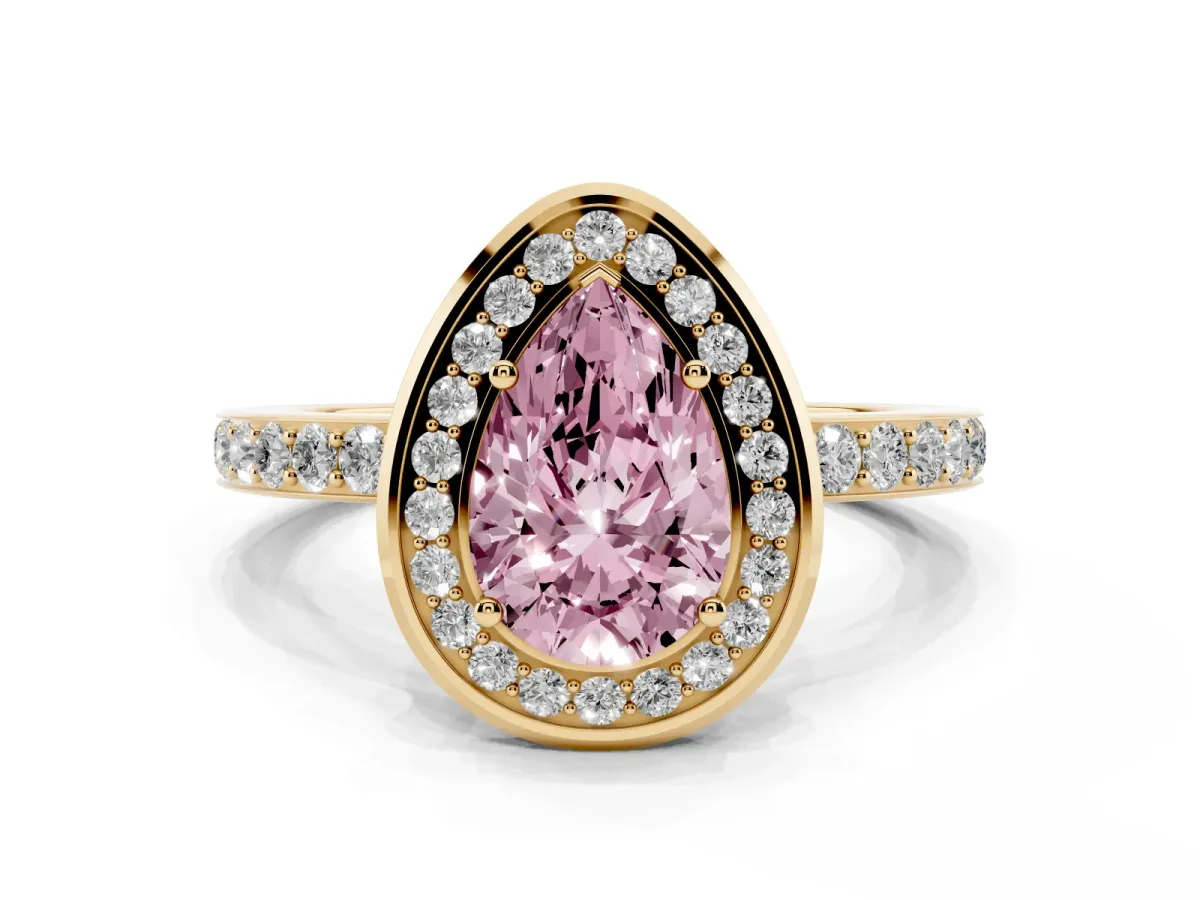 Fancy Pink Pear Cut Diamond Halo Ring with Bezel Frame and Pavé Band Yellow gold
