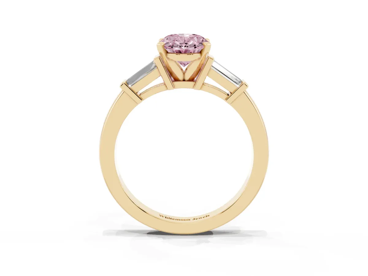 Fancy Pink Oval Cut Cut Diamond Solitaire Ring with Tapered Baguette Accents and Four-Prong Setting Yellow gold
