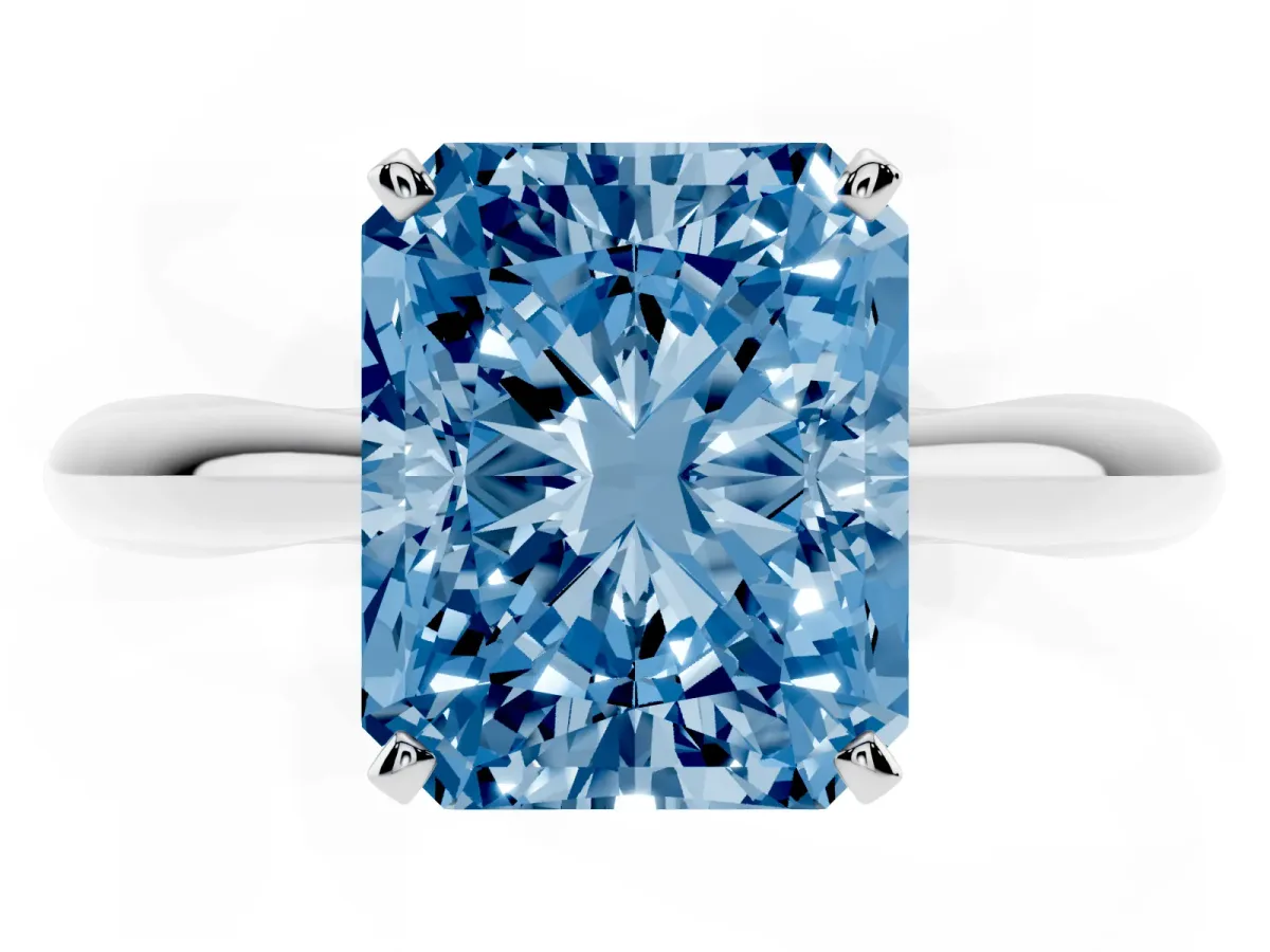 Fancy Blue Radiant Cut Diamond Solitaire Engagement Ring with Cathedral Setting and Four-Prong Mount Silver