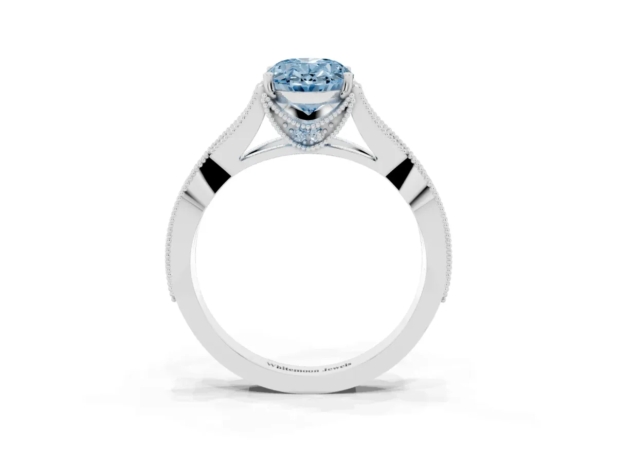 Fancy Blue Oval Cut Cut Diamond Twisted Band with Milgrain Pave Setting and Four-Prong Setting Silver