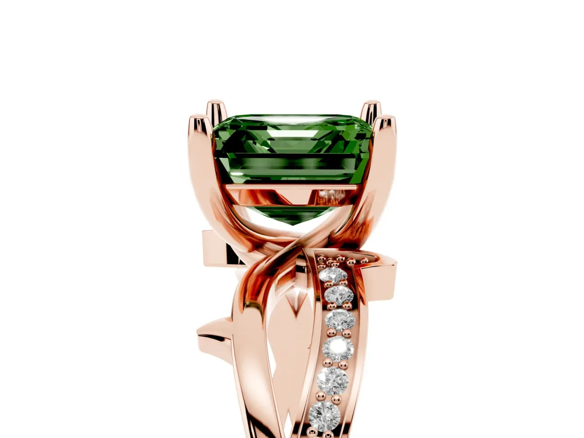 Fancy Green Asscher Cut Solitaire Twist Band with Pavé Accents and Four-Prong Setting Rose gold