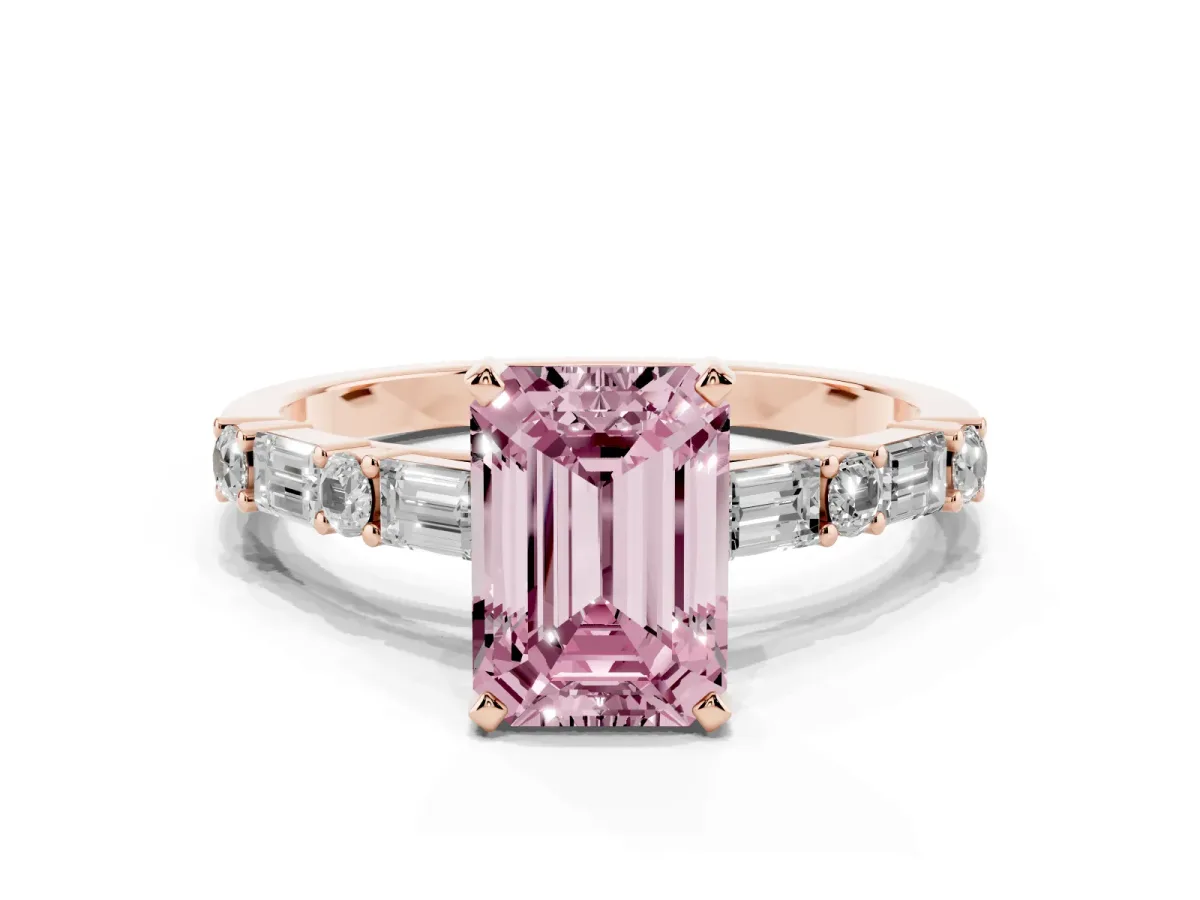 Fancy Pink Emerald Cut Diamond Solitaire with Side Baguettes and Channel Set Band Rose gold