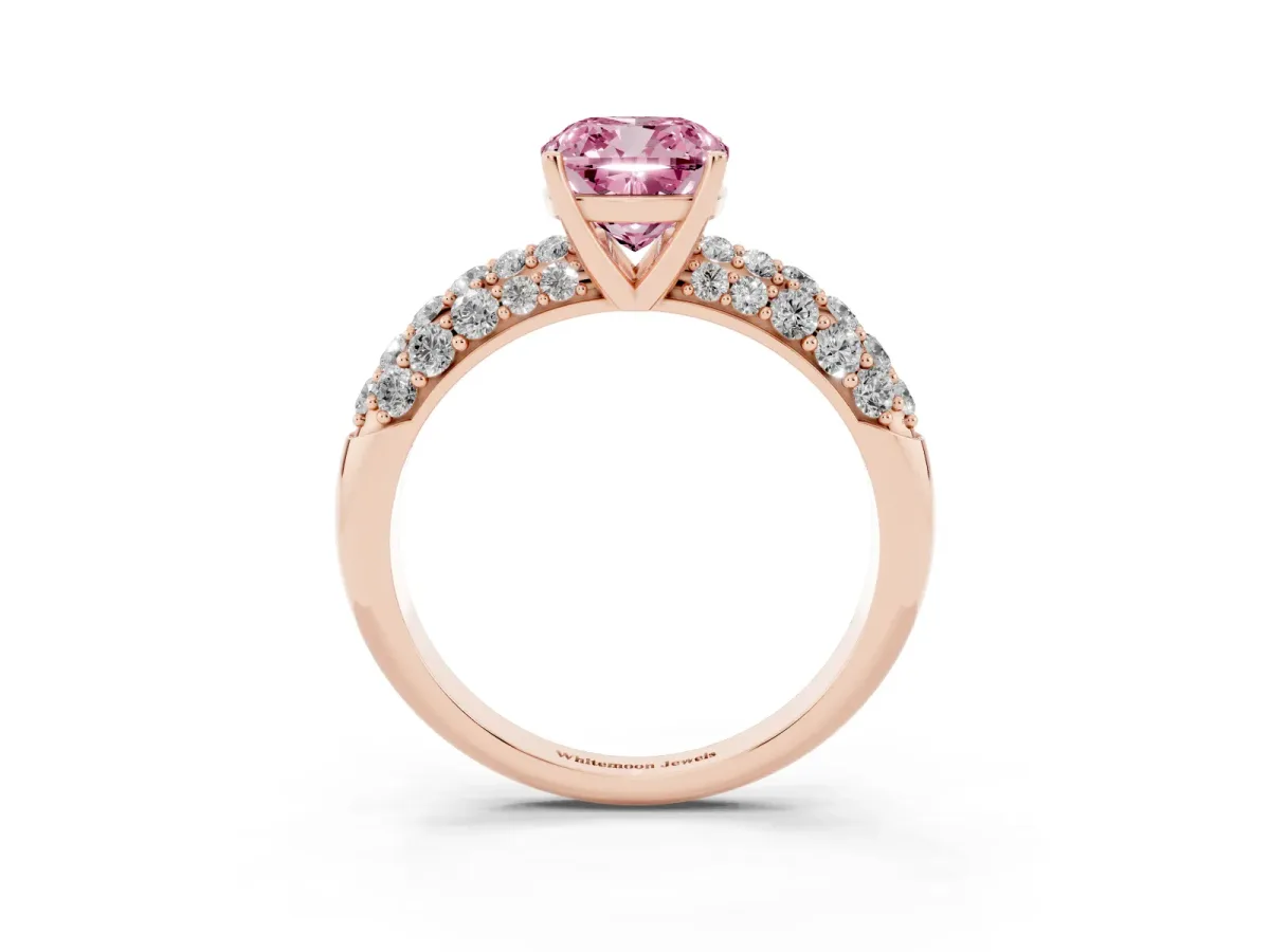 Fancy Pink Cushion Cut Diamond Pavé Band Solitaire Ring with Four-Prong Setting Rose gold