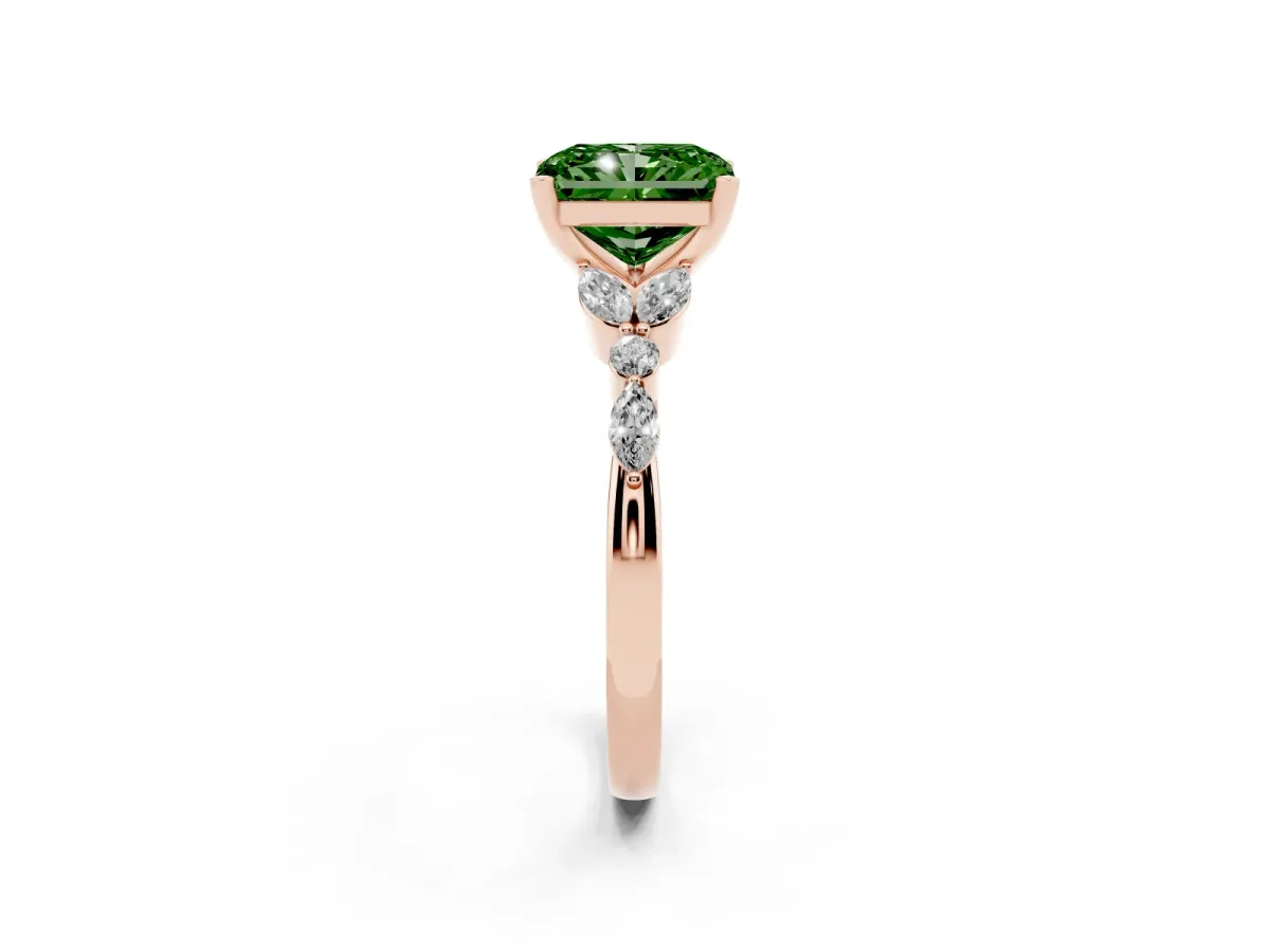 Fancy Green Radiant Cut Diamond Solitaire Ring with Side Stones and Four-Prong Setting Rose gold