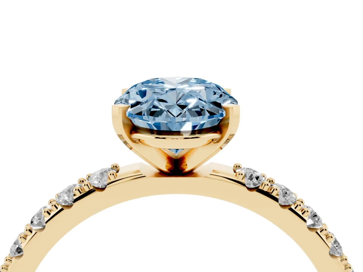 Fancy Blue Oval Cut Diamond Solitaire Pavé Band with Four-Prong Setting Yellow gold