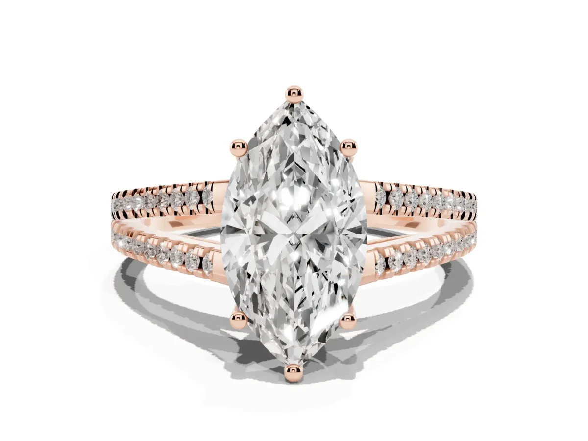 Marquise Cut Diamond Solitaire Engagement Ring with Split Shank Pavé Band Rose gold