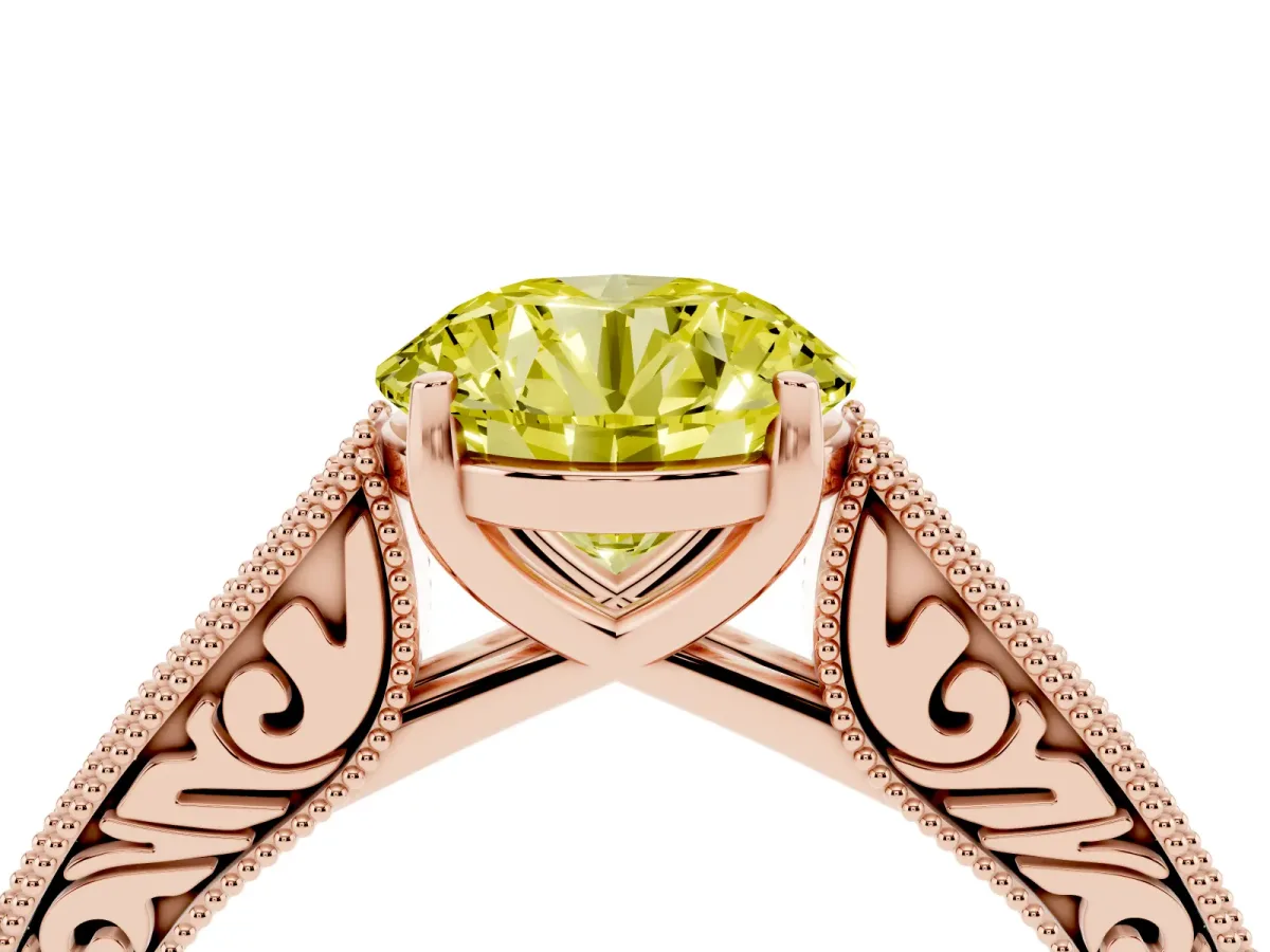 Fancy Yellow Round Cut Cut Pave Band Milgrain Solitaire Ring Rose gold