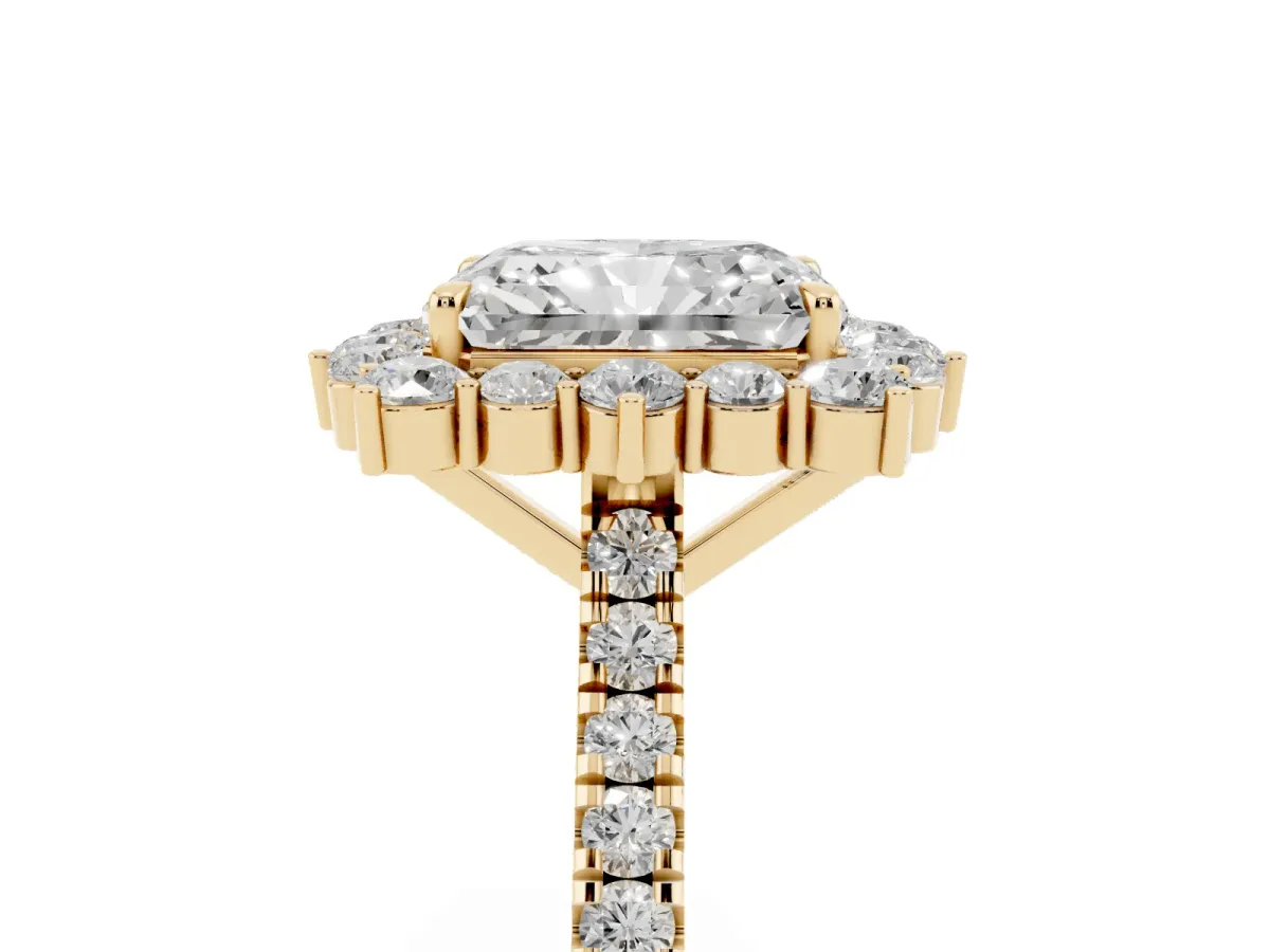 Radiant Cut Halo Diamond Ring with Pavé Band and Prong Setting Yellow gold