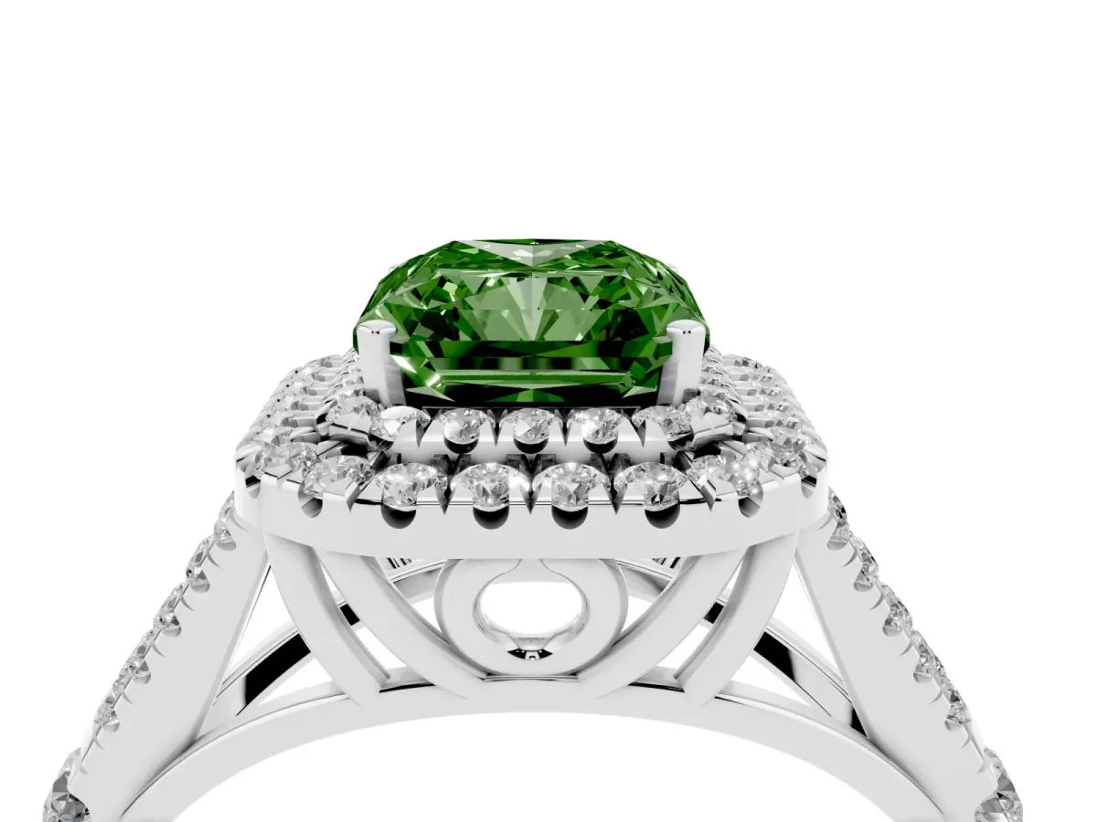 Fancy Green Radiant Cut Diamond Pavé Split Shank Double Halo Engagement Ring Silver
