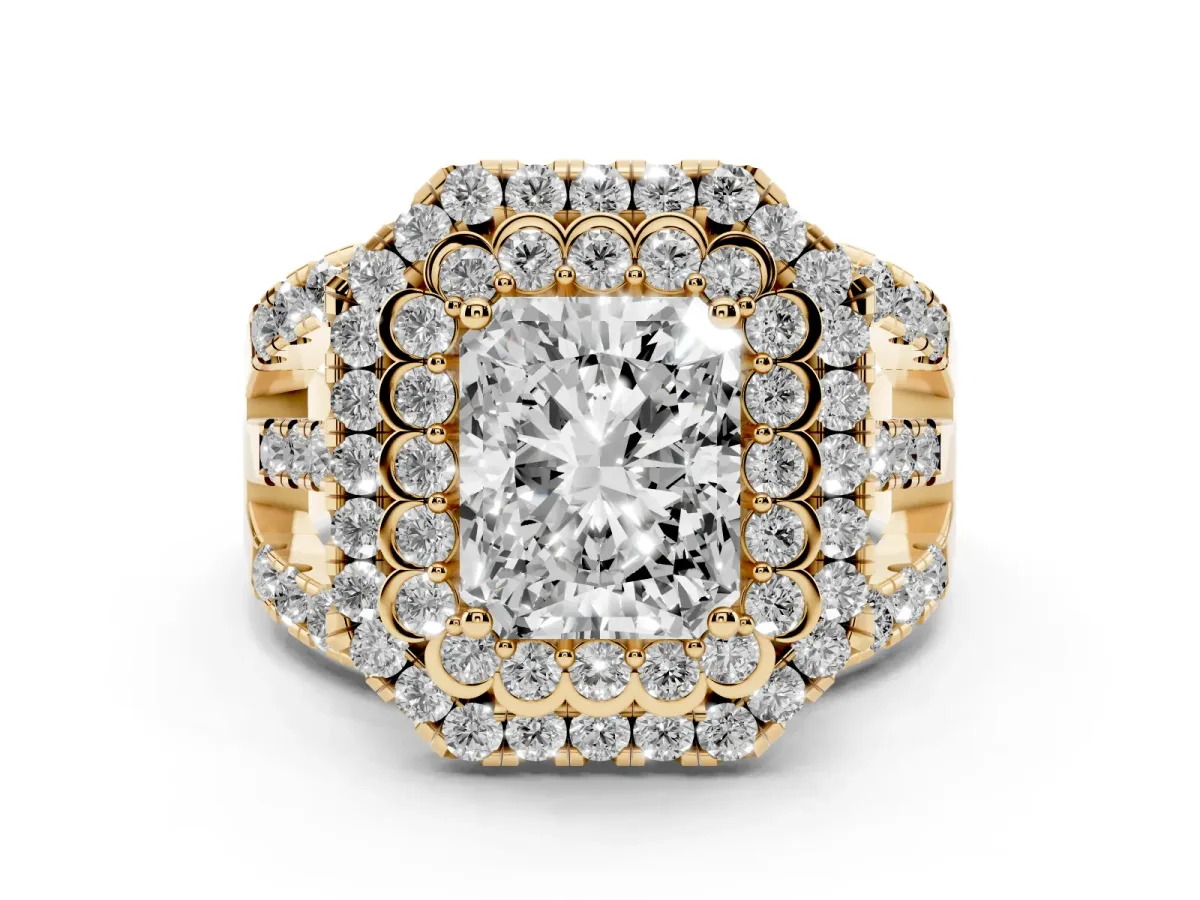Radiant Cut Diamond Double Halo Ring with Round Pavé Split Shank and Prong Setting Yellow gold
