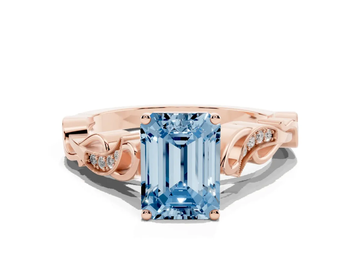 Fancy Blue Emerald Cut Solitaire Vine Band with Milgrain Prong Setting Rose gold