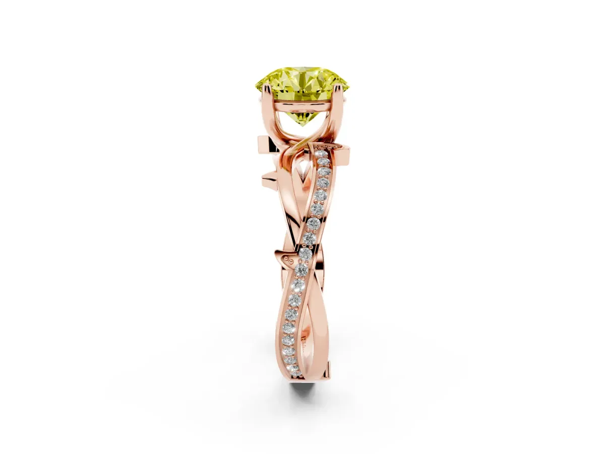 Fancy Yellow Round Cut Solitaire Twist Band with Pavé Accents and Four-Prong Setting Rose gold