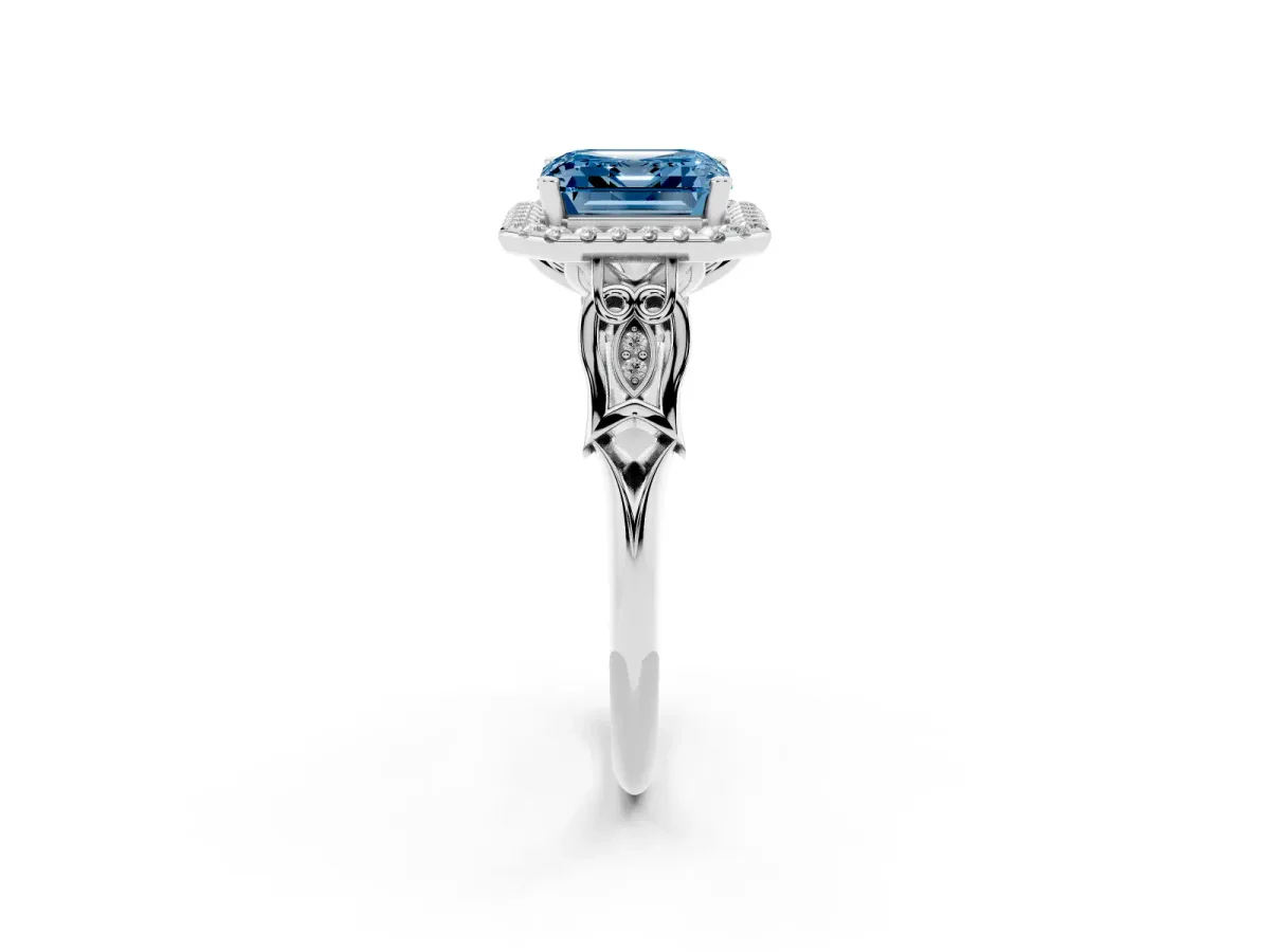 Fancy Blue Asscher Cut Halo Diamond Engagement Ring with Filigree Band and Four-Prong Setting Silver