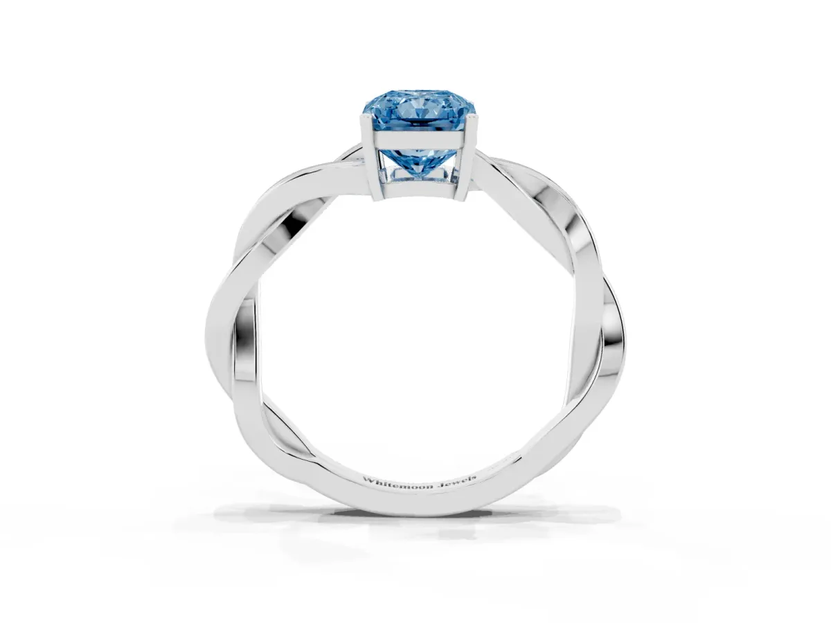 Fancy Blue Radiant Cut Solitaire Twisted Pave Diamond Ring with Four-Prong Setting Silver
