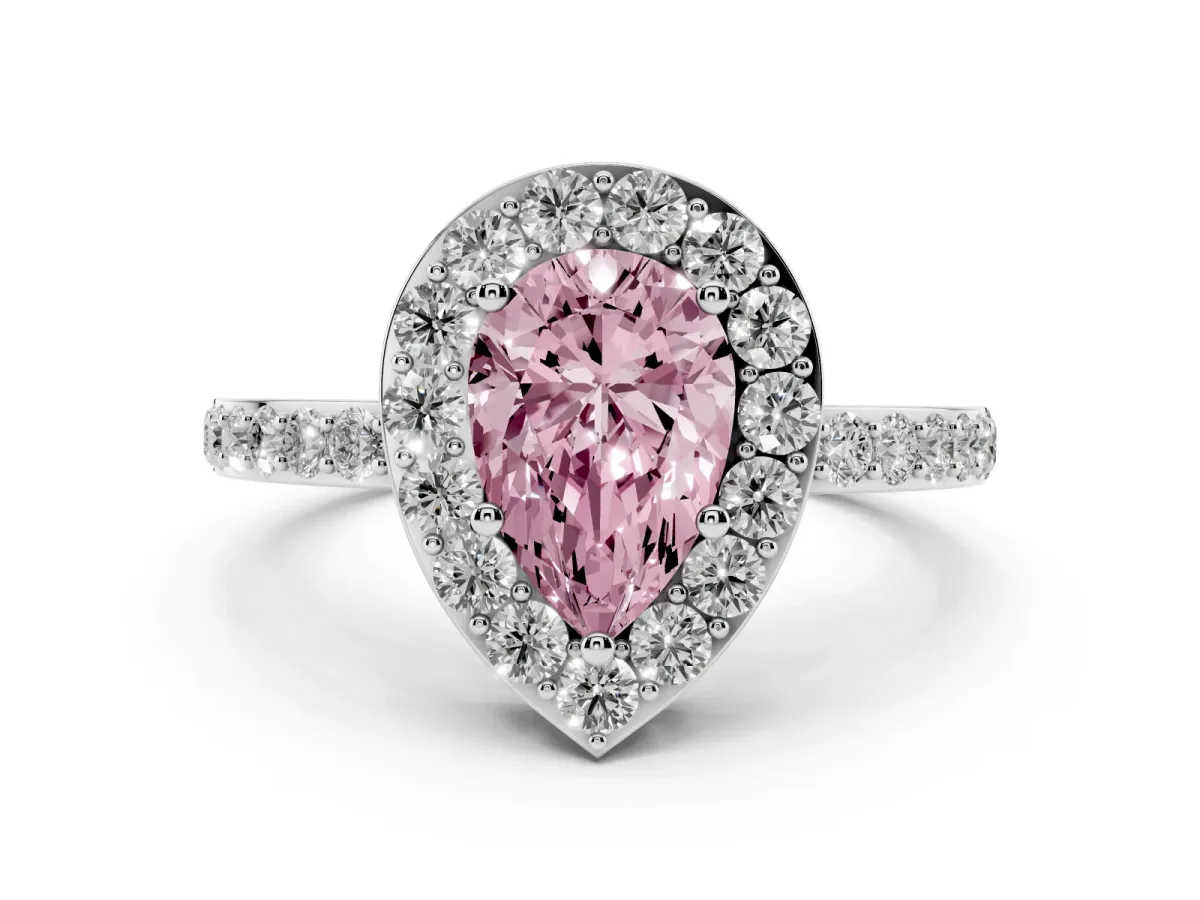 Fancy Pink Pear Cut Halo Diamond Pavé Band Ring with Prong Setting Silver