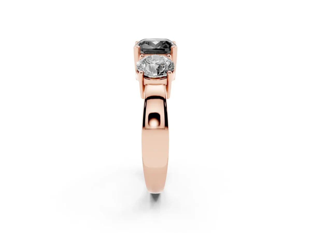Fancy Black Three-Stone Cushion Cut Diamond Ring with Round Side Stones, Classic Band, and Four-Prong Setting Rose gold