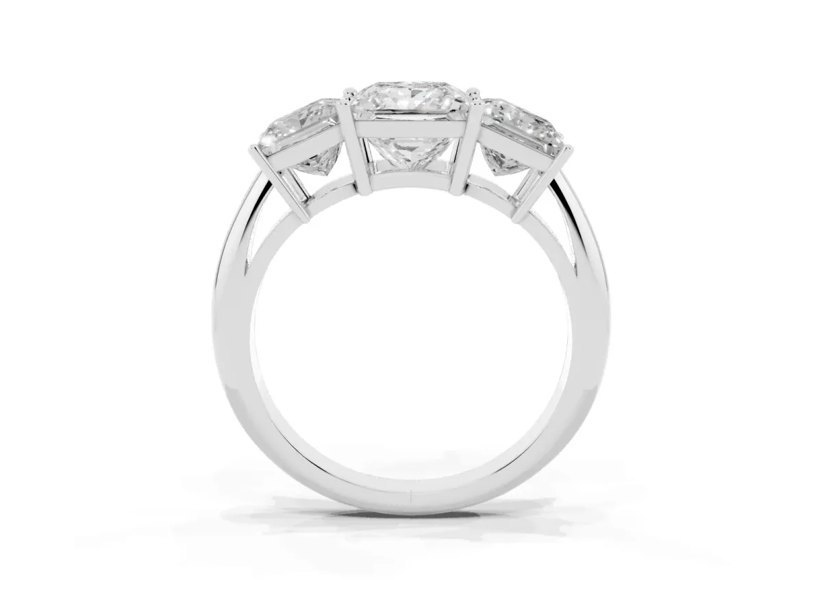 Three-Stone Princess Cut Cut Diamond Engagement Ring with Prong Setting on a White Gold Band Silver