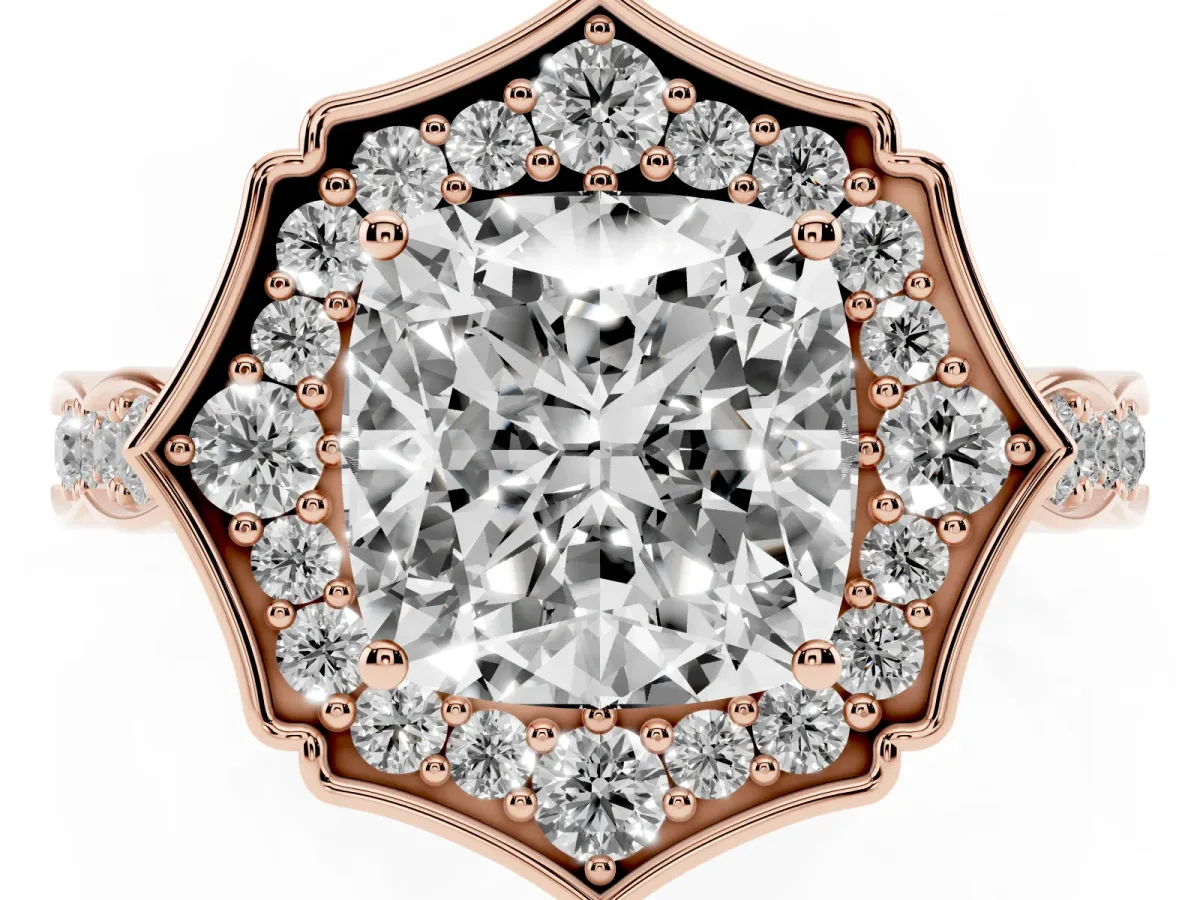 Cushion Cut Halo Diamond Engagement Ring with Milgrain Band and Four-Prong Setting Rose gold
