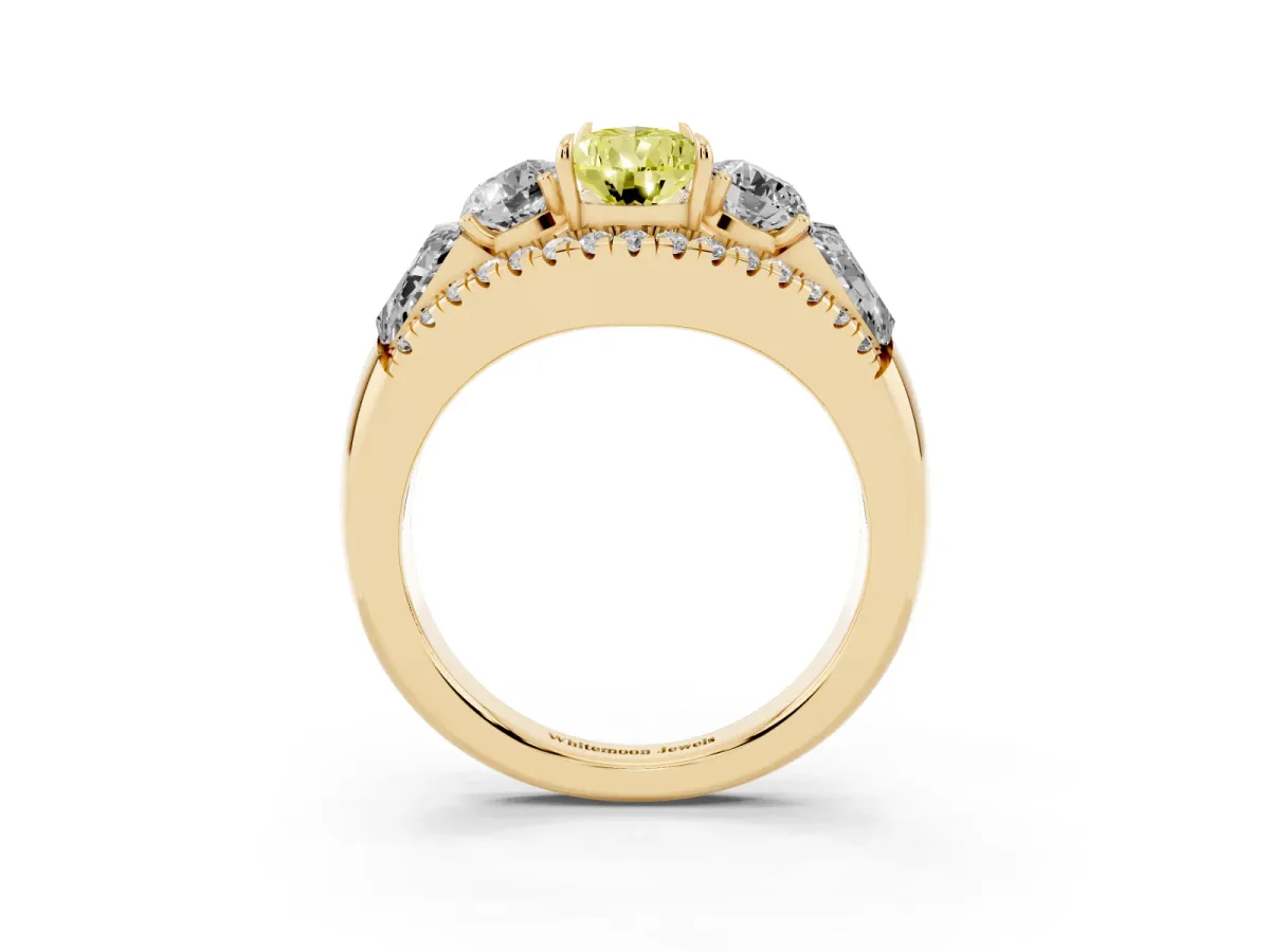 Fancy Yellow Three-Stone Pear Cut Diamond Engagement Ring with Pave Band and Prong Setting Yellow gold