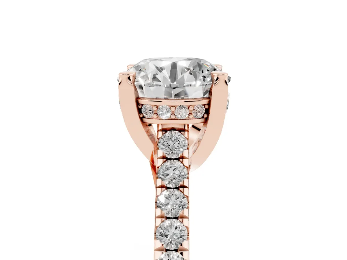 Round Cut Brilliant Diamond Solitaire with Pavé Band and Four-Prong Setting Rose gold