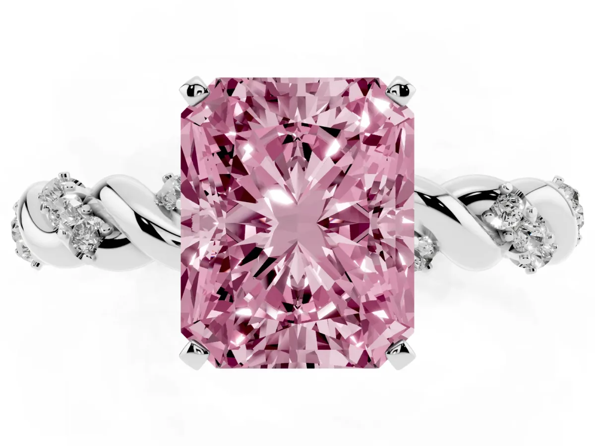 Fancy Pink Radiant Cut Diamond Solitaire Ring with Twisted Band and Pavé Accents Silver