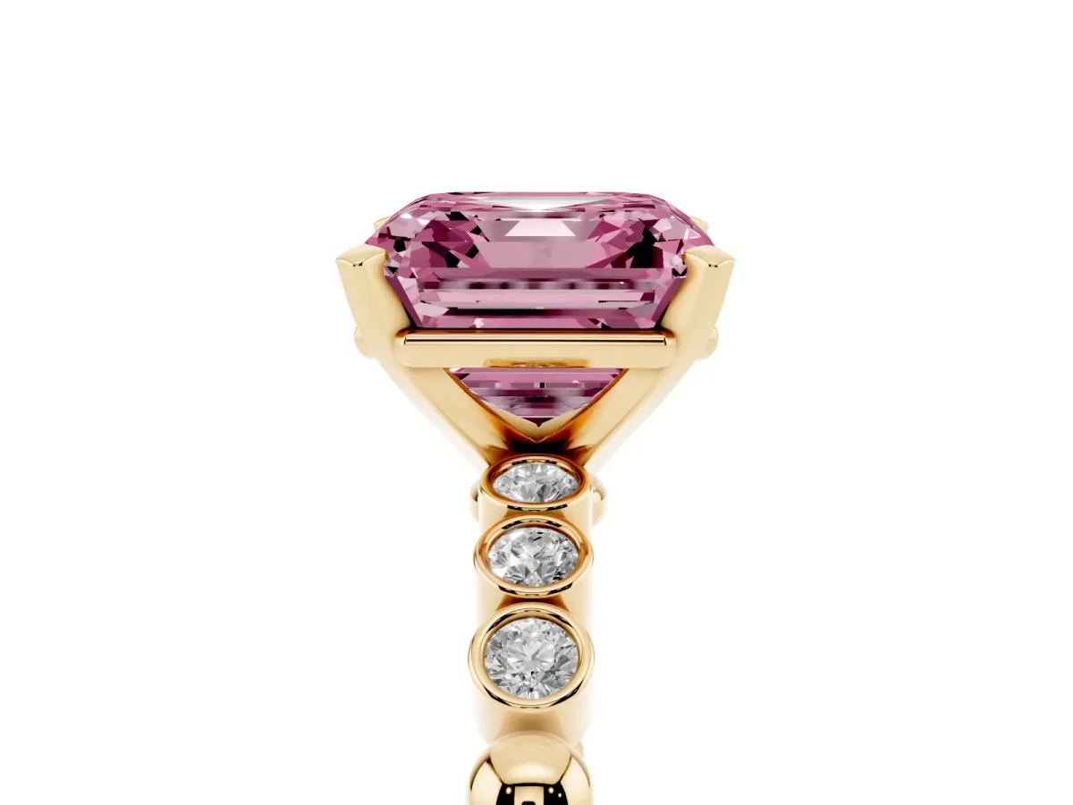 Fancy Pink Asscher Cut Solitaire Bezel Accent Diamond Engagement Ring with Beaded Band and Four-Prong Setting Yellow gold