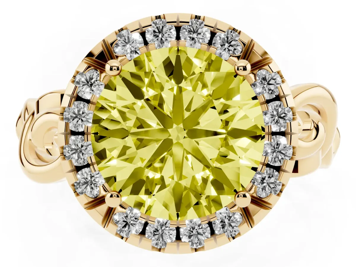 Fancy Yellow Round Cut Cut Halo Diamond Ring with Scrollwork Band and Four-Prong Setting Yellow gold