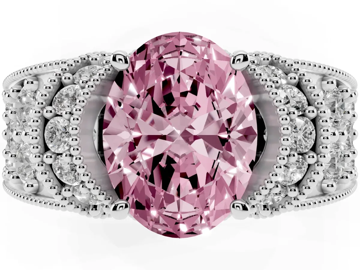 Fancy Pink Oval Cut Halo Pave Diamond Engagement Ring with Milgrain Detailing Silver
