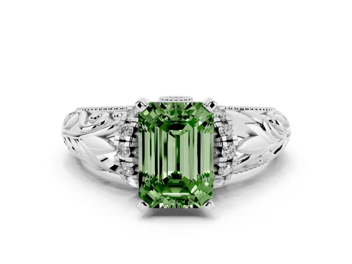 Fancy Green Emerald Cut Solitaire Filigree Engagement Ring with Halo and Prong Setting Platinum