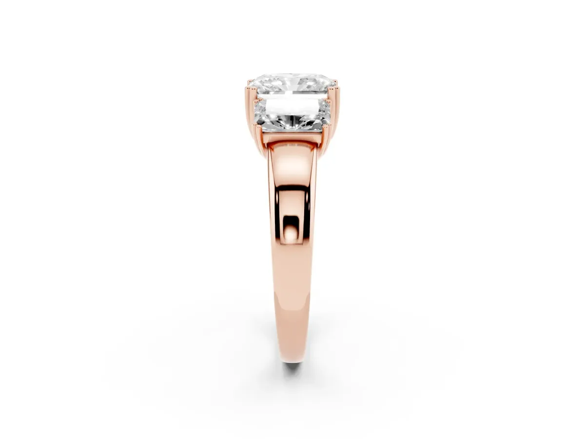 Three-Stone Radiant Cut Cut Diamond Ring with Channel Set Band and Four-Prong Setting Rose gold
