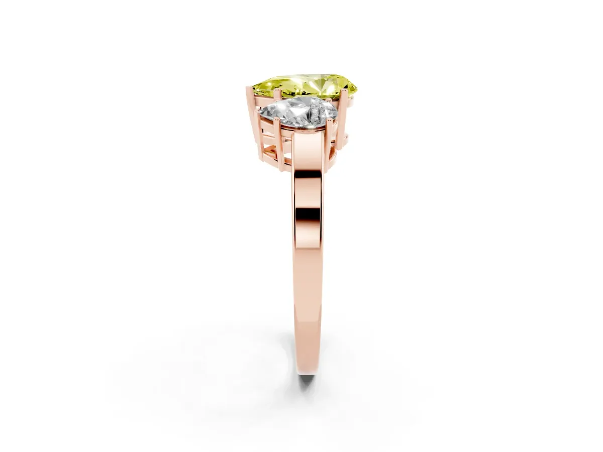 Fancy Yellow Three-Stone Pear Cut Cut Diamond Engagement Ring with Flat Band and Four-Prong Setting Rose gold