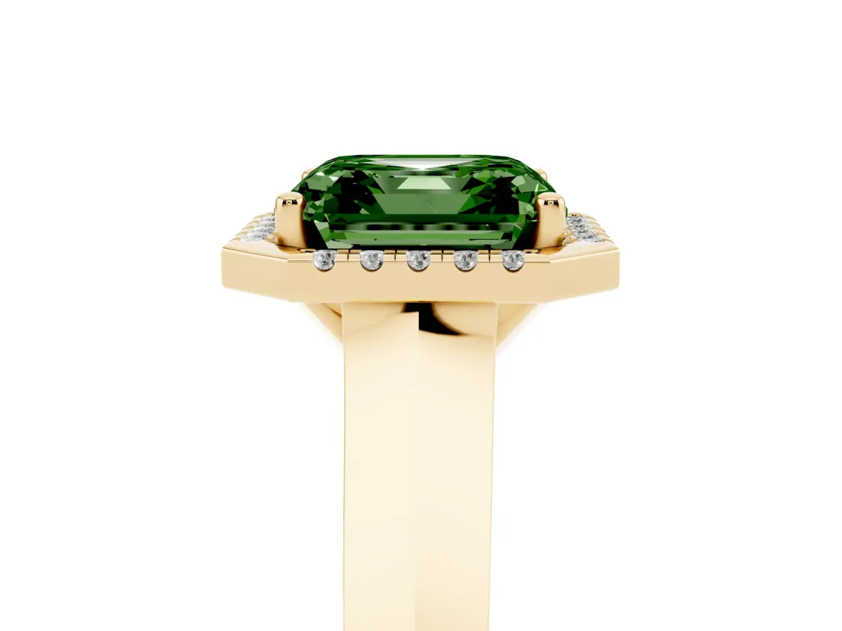Fancy Green Asscher Cut Halo Diamond Ring with Cathedral Band and Four-Prong Setting Yellow gold