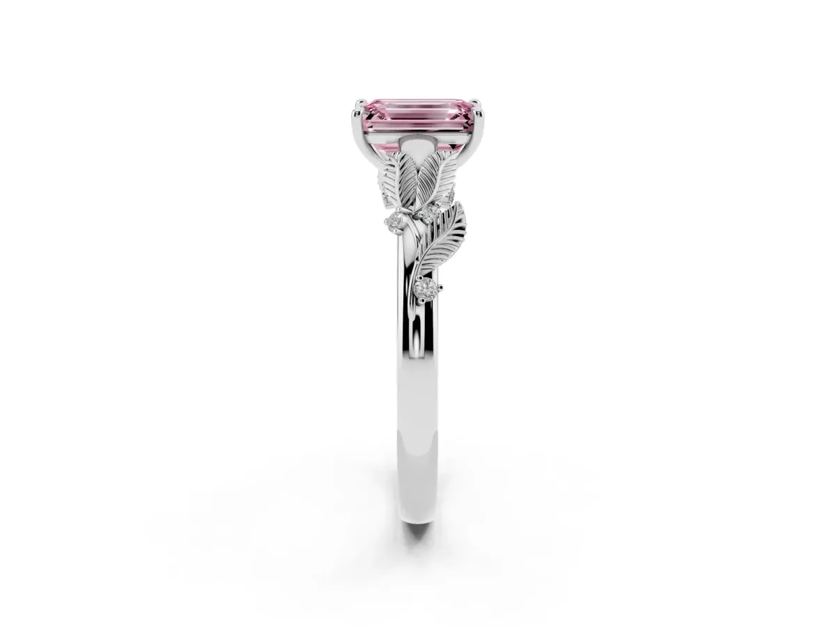 Fancy Pink Emerald Cut Diamond Solitaire Ring with Leaf Motif Band and Four-Prong Setting Silver