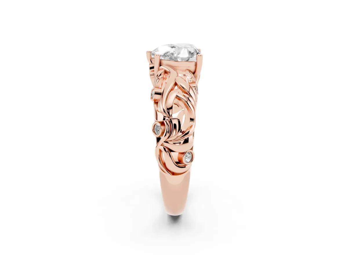 Heart Cut Solitaire Diamond Leaf-Inspired Vine Band Ring with Prong Setting Rose gold