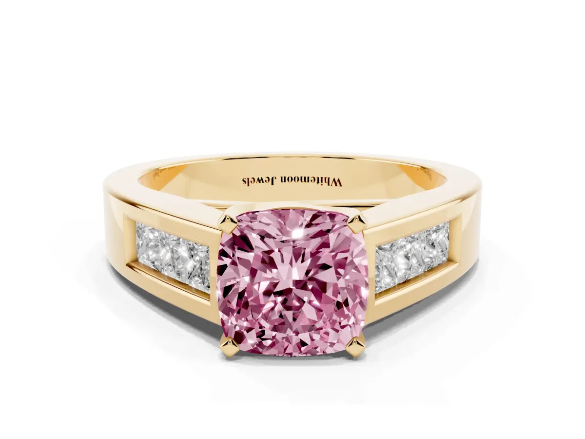 Fancy Pink Cushion Cut Cut Channel Set Solitaire Ring with Four-Prong Setting Yellow gold
