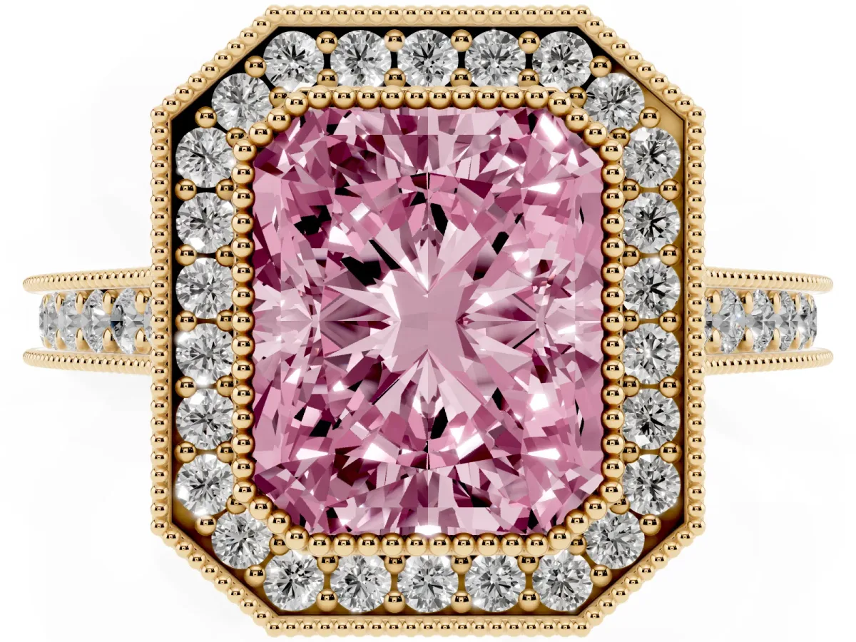 Fancy Pink Halo Radiant Cut-Cut Diamond Pave Band Milgrain Prong Setting Ring Yellow gold