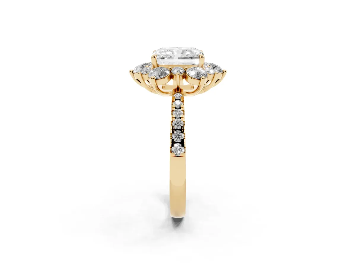 Radiant Cut Diamond Floral Halo Ring with Round Pavé Band and Prong Setting Yellow gold