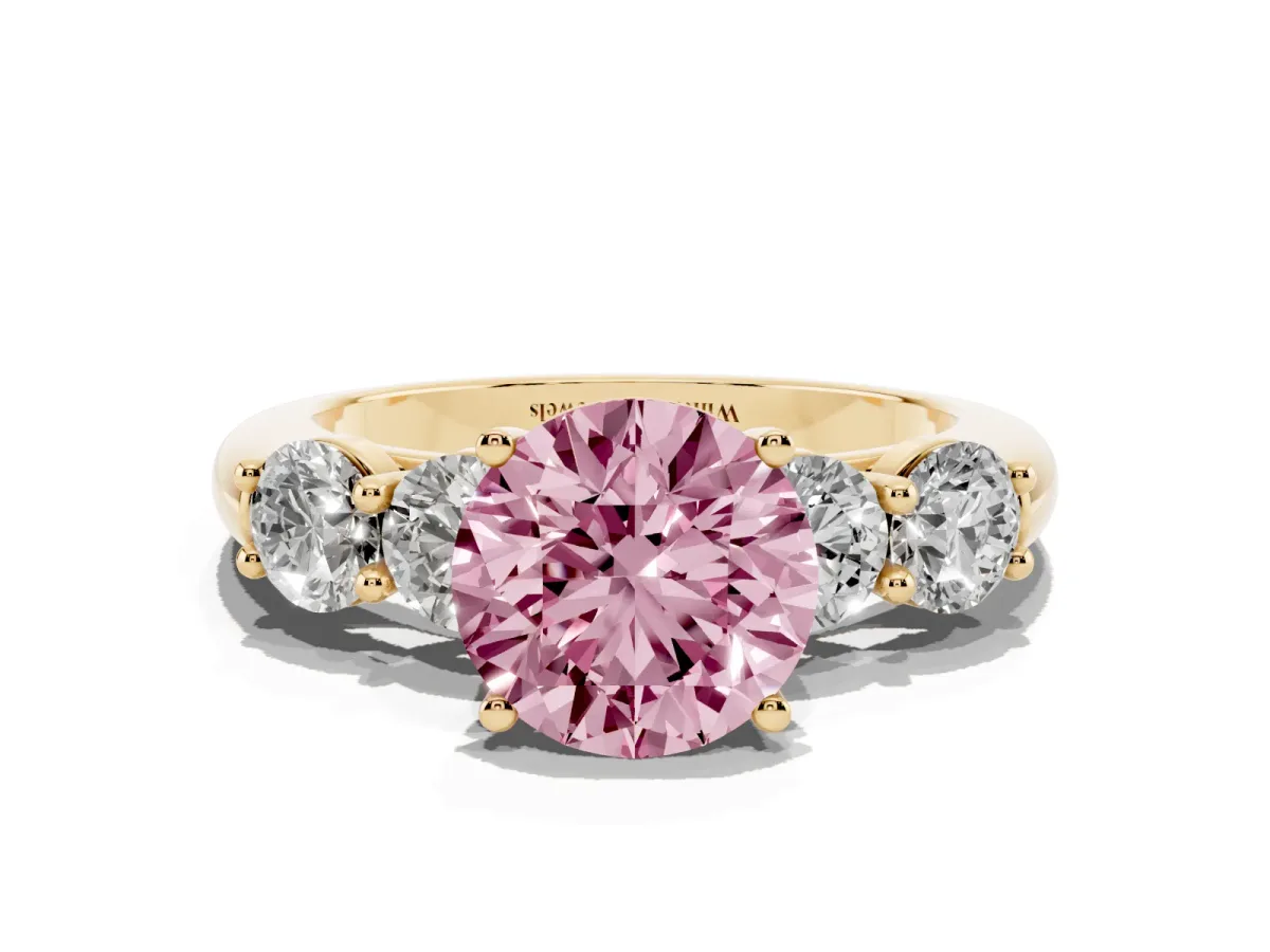 Fancy Pink Round Cut Cut Five-Stone Prong Set Diamond Ring with Classic Band Yellow gold