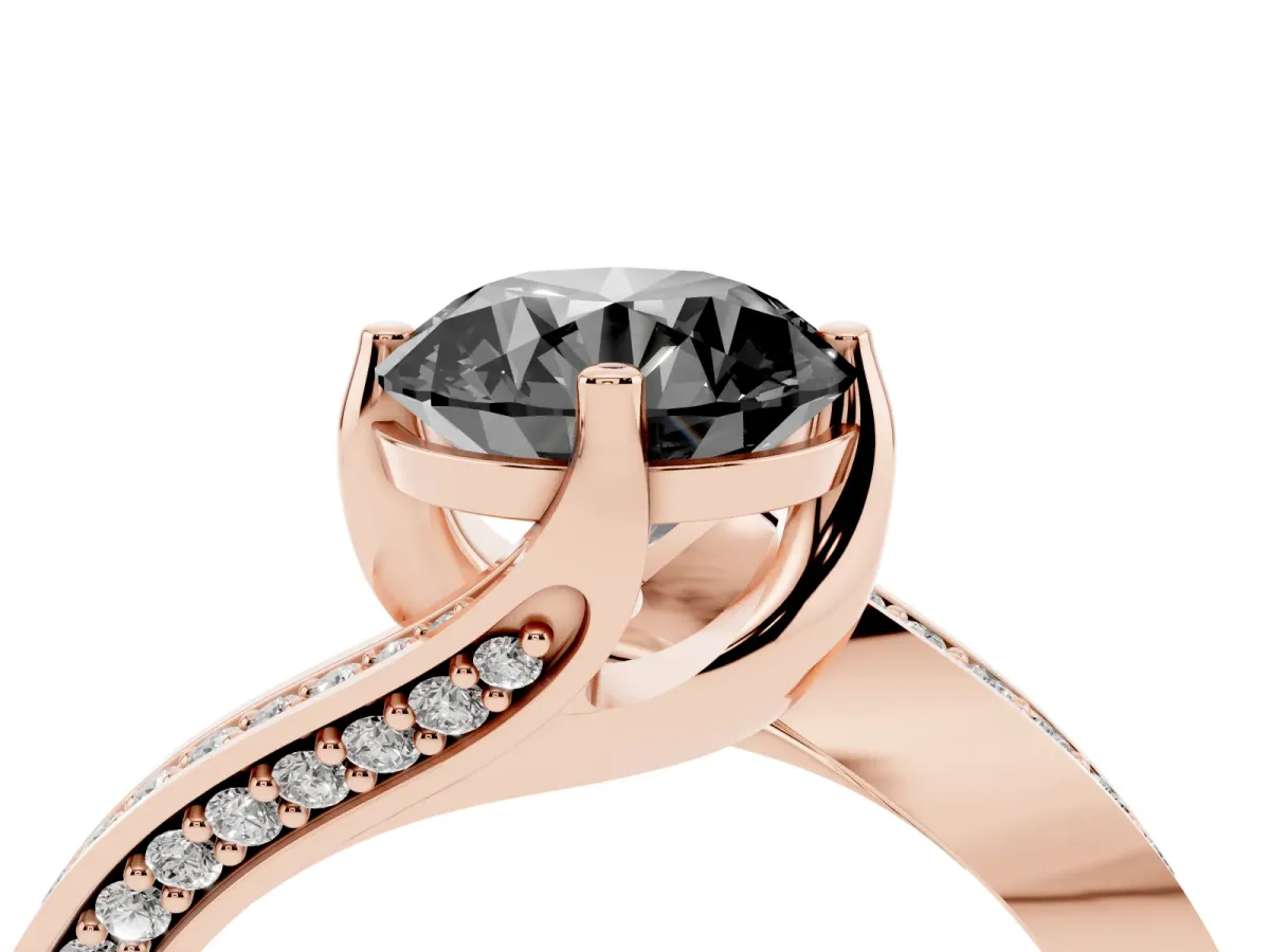 Fancy Black Round Cut Solitaire Diamond Twist Band with Pavé Setting and Four-Prong Setting Rose gold