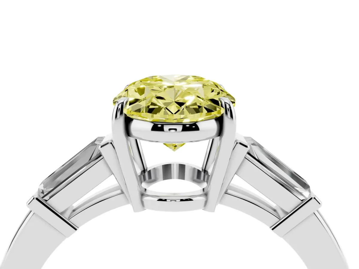 Fancy Yellow Oval Cut Diamond Three-Stone Ring with Tapered Baguette Side Stones and Prong Setting Silver