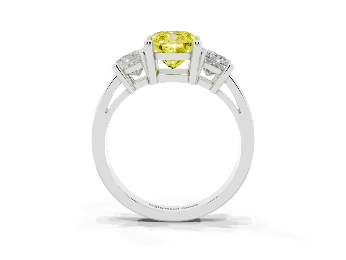 Fancy Yellow Three-Stone Cushion Cut Cut Solitaire Ring with Prong Setting Platinum