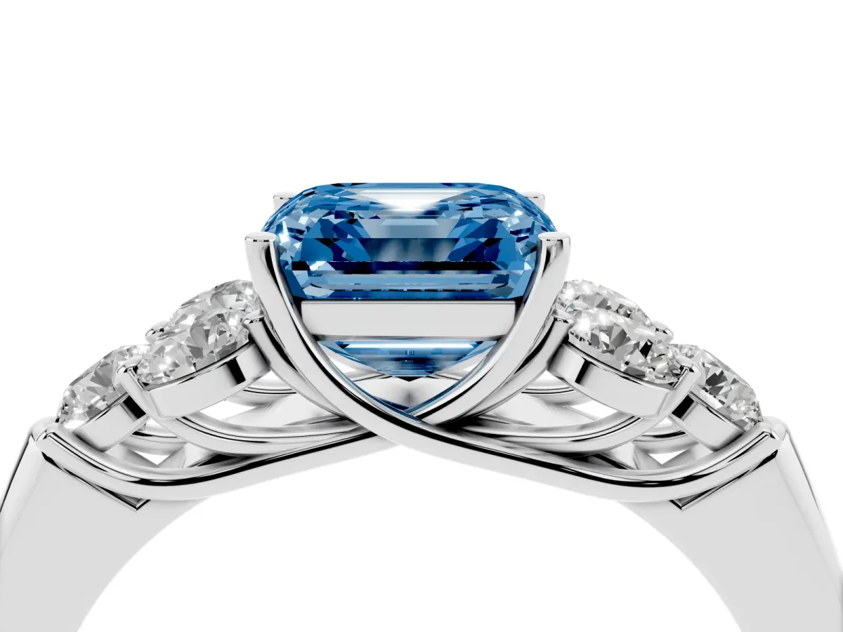 Fancy Blue Asscher Cut Cut Diamond Cluster Ring with Round Accent Stones and Prong Setting on a Classic Band White gold