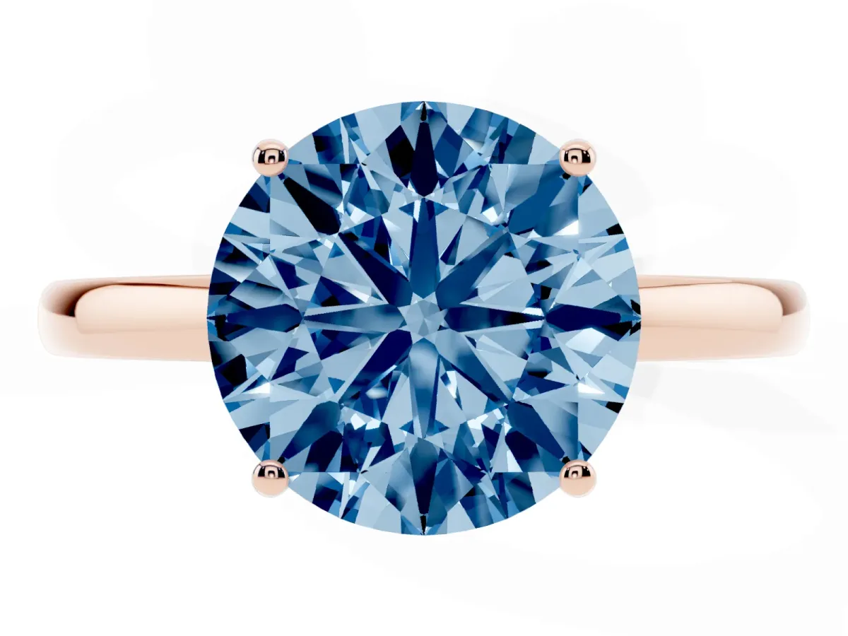 Fancy Blue Round Cut Solitaire Diamond Ring with Prong Setting and Plain Band Rose gold